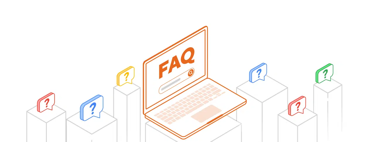 Comic-style image of a laptop saying FAQ on a pillar, surrounded by questionsmarks on pillars.